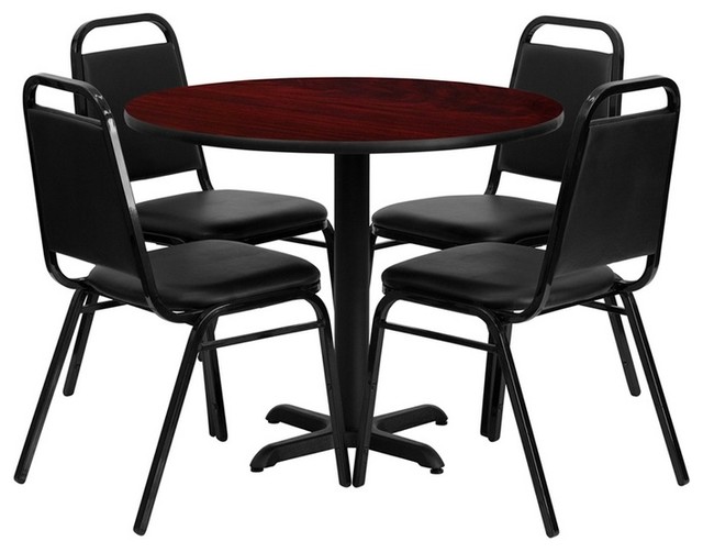 36'' Round Mahogany Laminate Table, 4 Black Trapezoidal Back Banquet Chairs