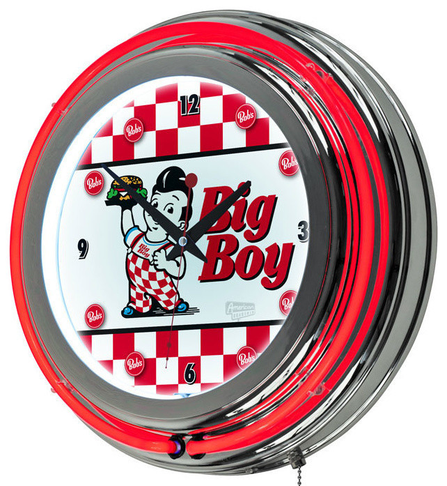 Bobs Big Boy Checkered Chrome Double Ring Neon Clock