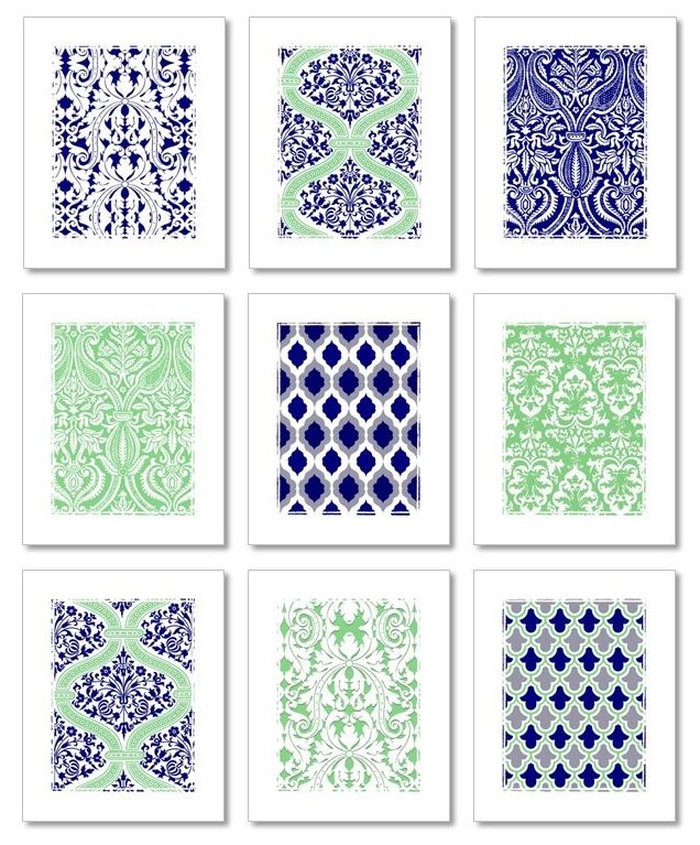 Navy Blue and Green Wall Art Prints, 9 Piece Set Mediterranean