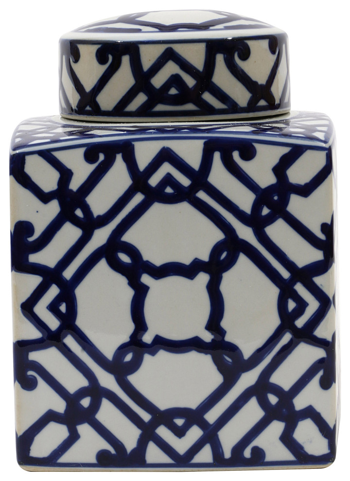 Blue and White Ceramic Ginger Jar With Lid Asian Decorative Jars