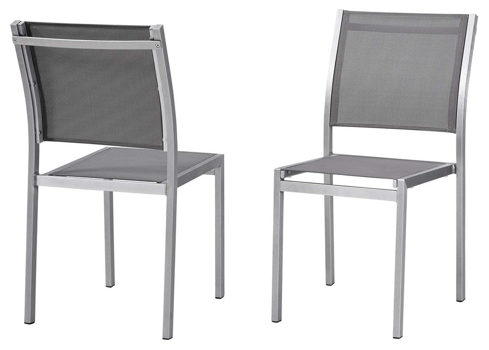 Modern Outdoor Side Dining Chair Set, Aluminum Metal Steel, Gray Contemporary Outdoor Dining