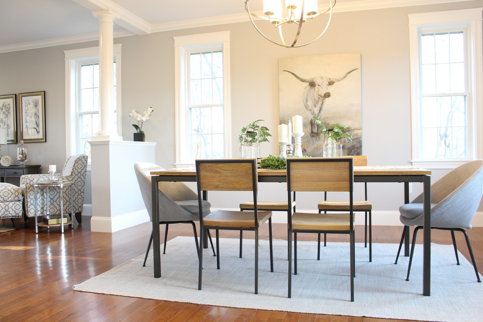 Design ideas for a mid-sized transitional separate dining room in Boston with grey walls, medium hardwood floors, no fireplace and brown floor.
