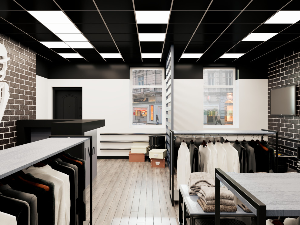 Брутальный лофт. Дизайн интерьера магазина мужской одежды и барбершопа "ALL MAN"