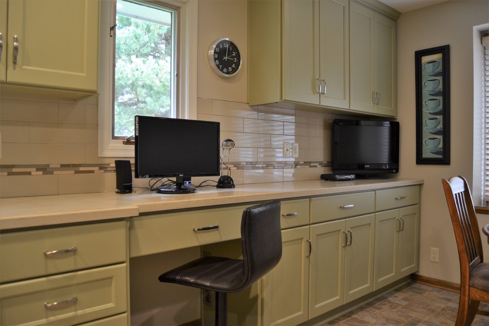 Mid-sized transitional l-shaped ceramic tile and beige floor eat-in kitchen photo with shaker cabinets, green cabinets, white backsplash, subway tile backsplash and no island