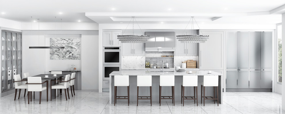 Large modern single-wall open plan kitchen in Miami with an undermount sink, raised-panel cabinets, grey cabinets, marble benchtops, multi-coloured splashback, stone slab splashback, stainless steel appliances, marble floors and with island.