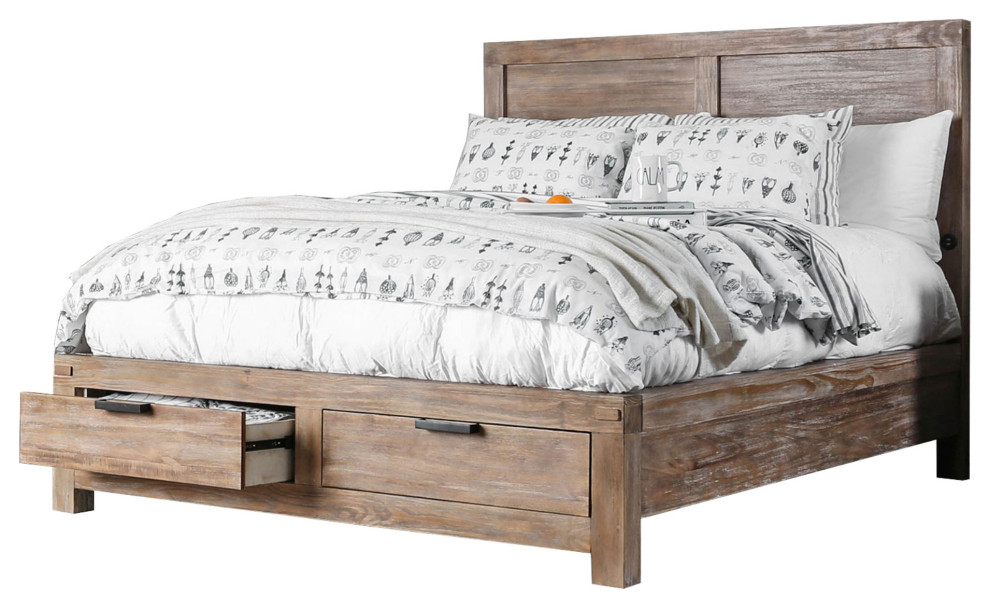 Queen Bed With Storage Drawer And Panel Headboard, Oak Brown