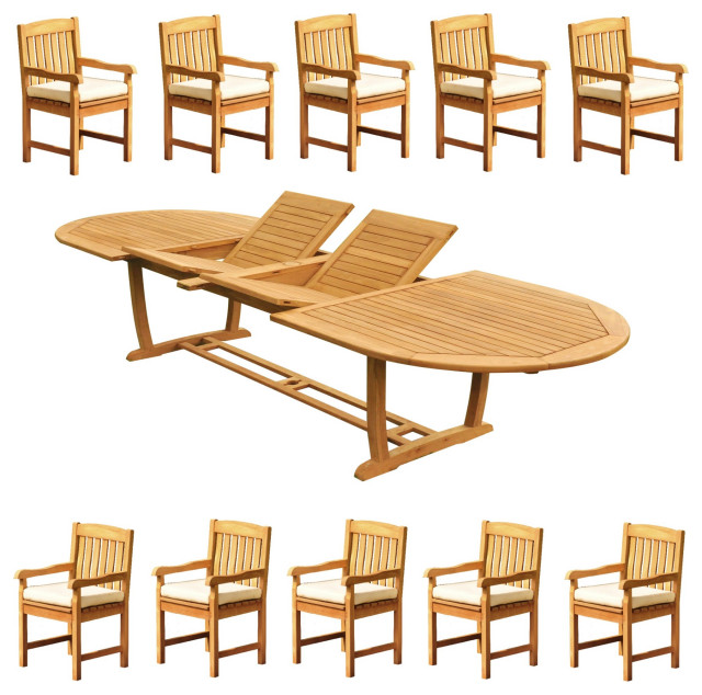 11Piece Outdoor Teak Dining Set 117" Masc Oval Extn Table, 10 Devon