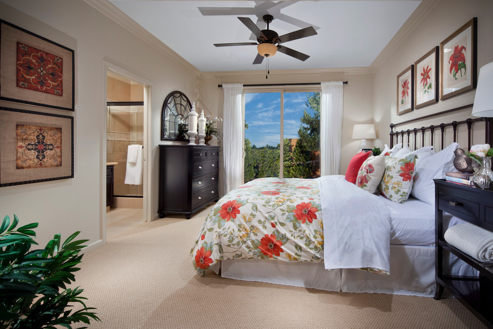 Inspiration for a mid-sized contemporary master bedroom in Other with beige walls, carpet and no fireplace.