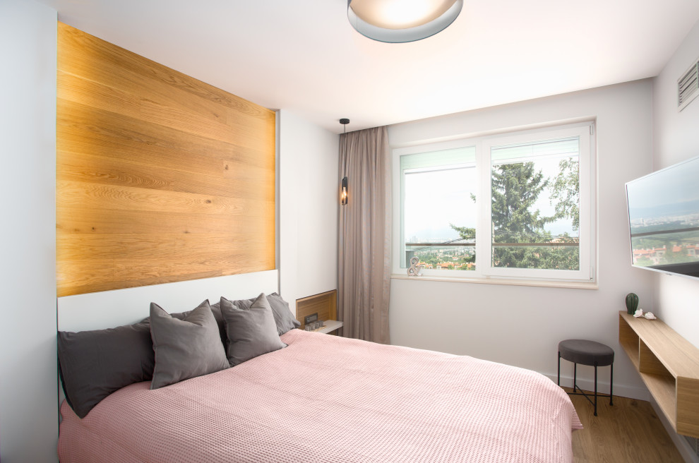 Ejemplo de habitación de invitados actual pequeña con paredes grises, suelo de madera en tonos medios y bandeja