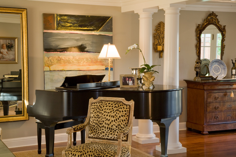 This is an example of a traditional living room in San Francisco with a music area.