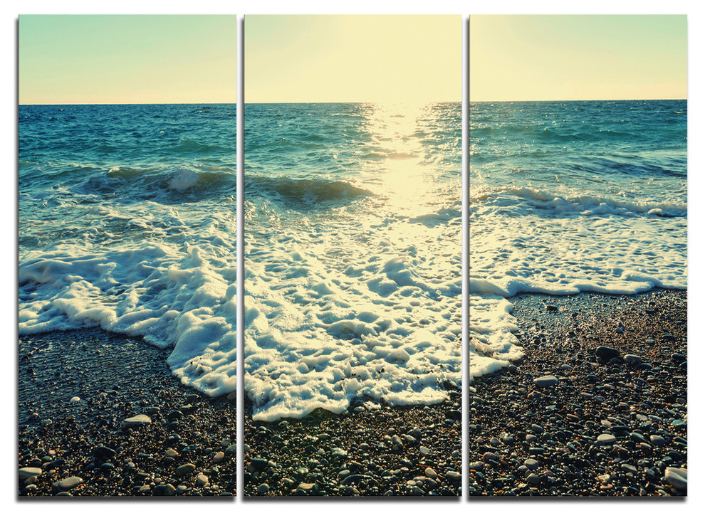 "Dramatic Blue Waves on Beach" Metal Wall Art, 3 Panels, 36"x28" Beach Style Metal Wall Art