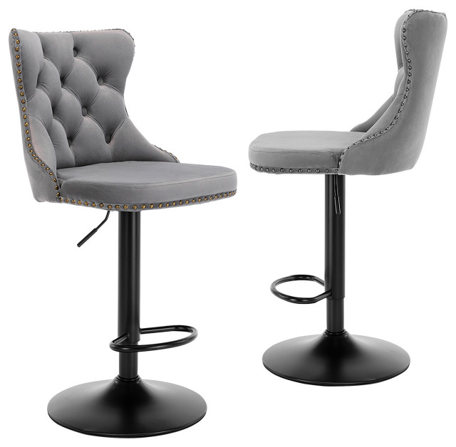Set of 2 Bar Stools With Backs Comfortable Tufted Gray Transitional