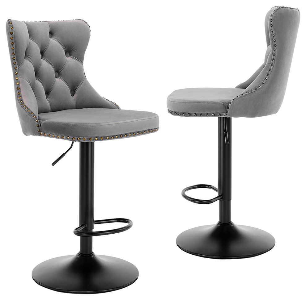 Set of 2 Bar Stools With Backs Comfortable Tufted Gray Transitional