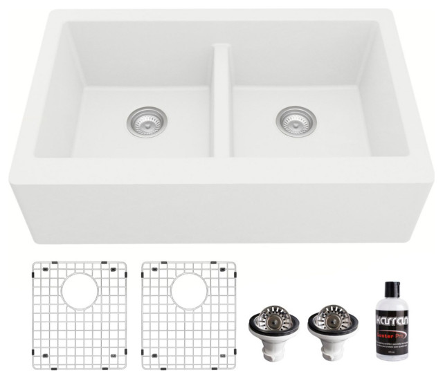 Karran Farmhouse Apron Front Quartz 34" Double Bowl Sink Kit, White