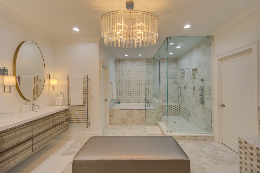 Photo of a contemporary master bathroom in Tampa with flat-panel cabinets, grey cabinets, a drop-in tub, a corner shower, beige tile, white walls, an integrated sink, beige floor, a hinged shower door and white benchtops.