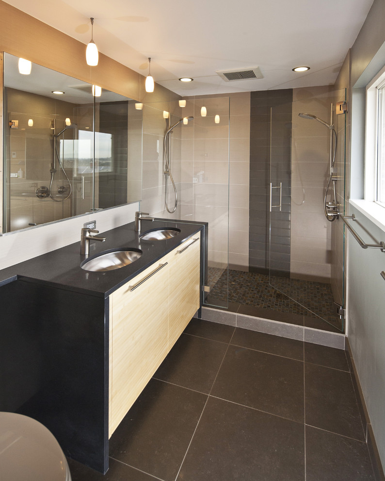 Contemporary bathroom in Seattle with porcelain tile.