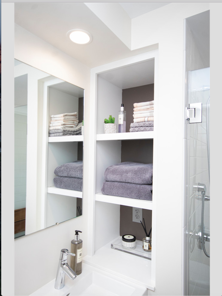 Inspiration for a small eclectic master bathroom in Providence with recessed-panel cabinets, dark wood cabinets, a curbless shower, a two-piece toilet, white tile, subway tile, beige walls, mosaic tile floors, a drop-in sink, orange floor and a hinged shower door.