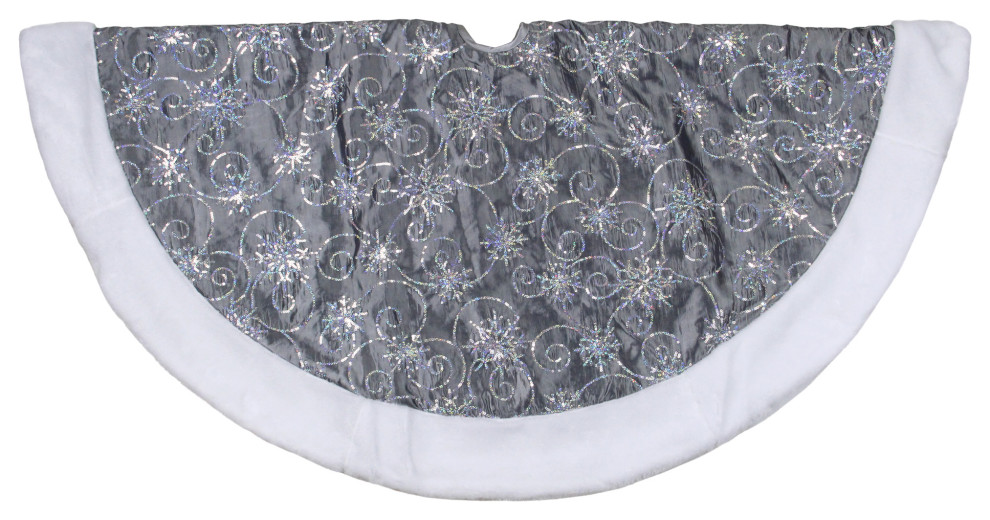 46" Gray and Silver Sequined Christmas Tree Skirt With Faux Fur Trim
