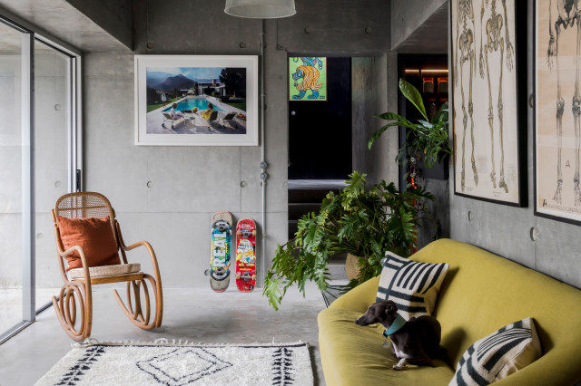 Concrete House industriell-vardagsrum