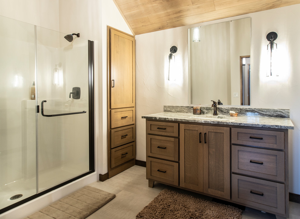 Mid-sized mountain style kids' ceramic tile, single-sink and wood ceiling alcove shower photo with shaker cabinets, white walls, an undermount sink, quartz countertops, a hinged shower door and a freestanding vanity