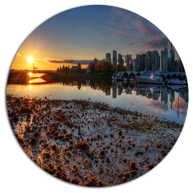 Vancouver Downtown In Morning, Landscape Art Disc Metal Artwork, Disc