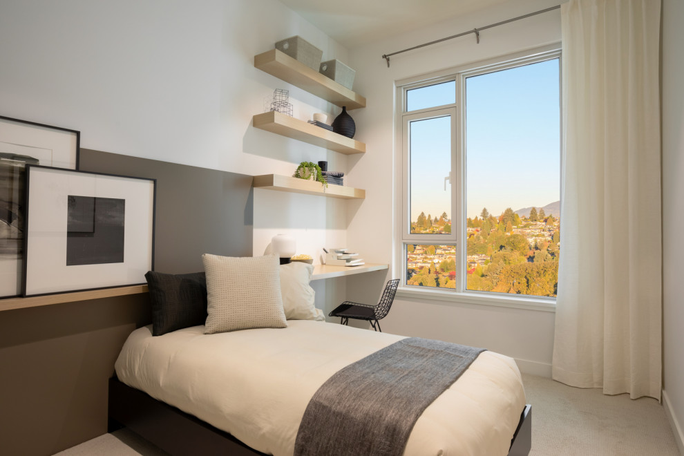 This is an example of a small contemporary guest bedroom in Vancouver with white walls, linoleum floors and beige floor.