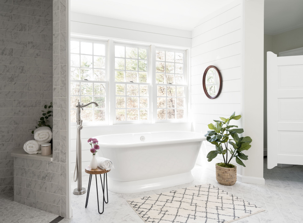 Bathroom - large country master gray tile and porcelain tile porcelain tile, gray floor and double-sink bathroom idea in Boston with shaker cabinets, green cabinets, a two-piece toilet, white walls, a drop-in sink, quartz countertops, white countertops and a built-in vanity