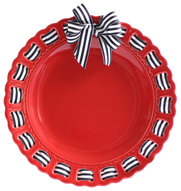 Decorative Round Red Ceramic Ribbon Plate, Black and White Stripe Ribbon