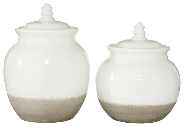 Large Round Vintage Beige And White Ceramic Jars With Lids Set Of