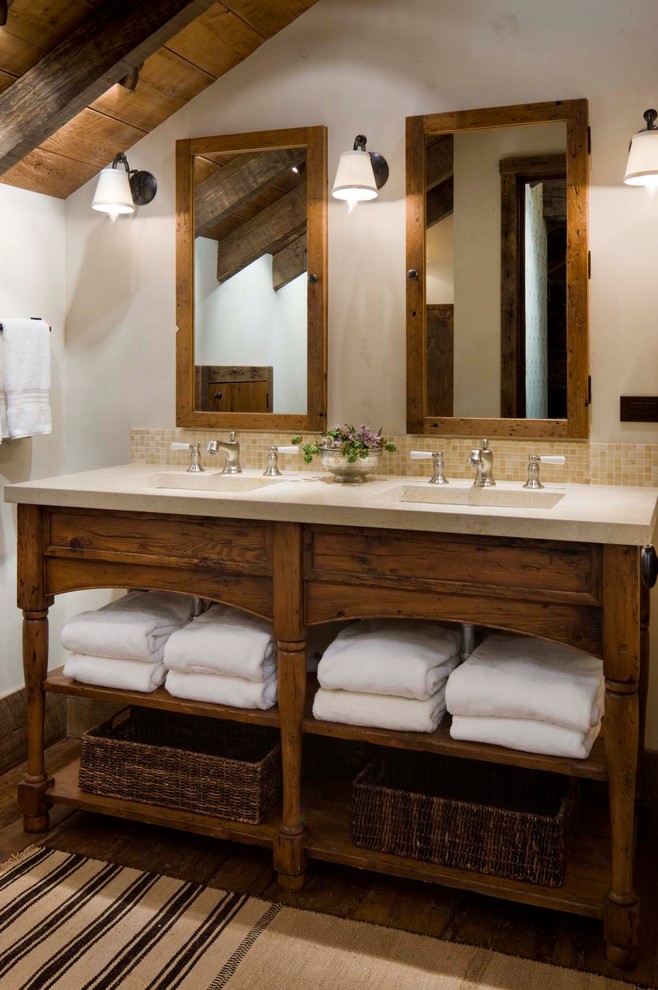 Inspiration for a country master bathroom in Other with open cabinets, dark wood cabinets, beige tile and mosaic tile.