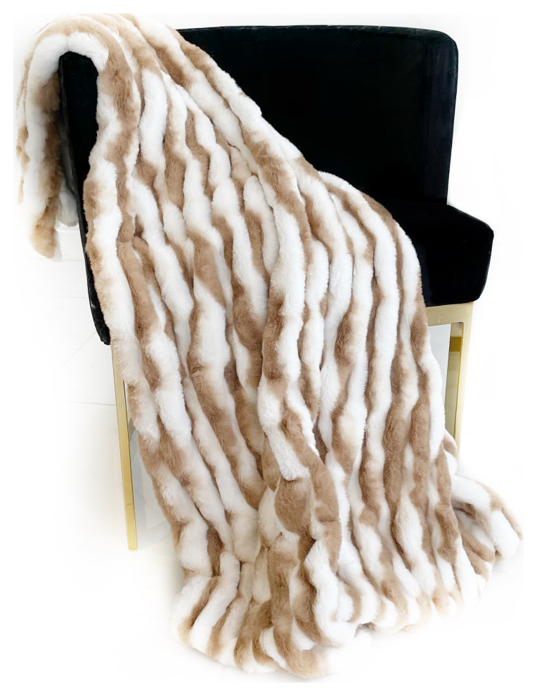 White Taupe Snow Chinchilla Faux Fur Luxury Throw Blanket, Throw