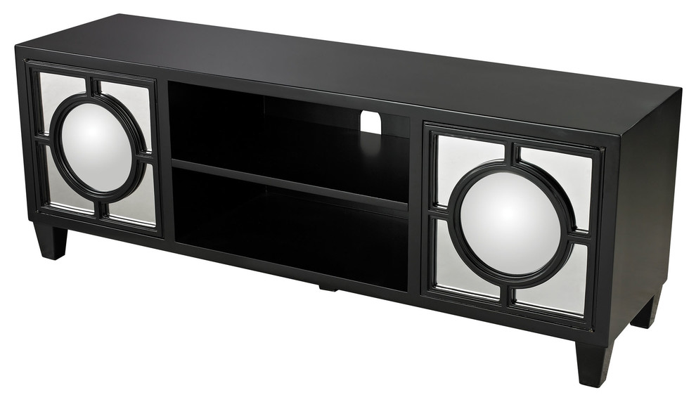 Gloss Black Media Console With Convex Mirror Transitional Console