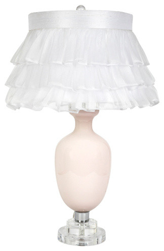 Traditional Pink Opaque One Light Table Lamp with White Ruffled Sheet Skirt Shad