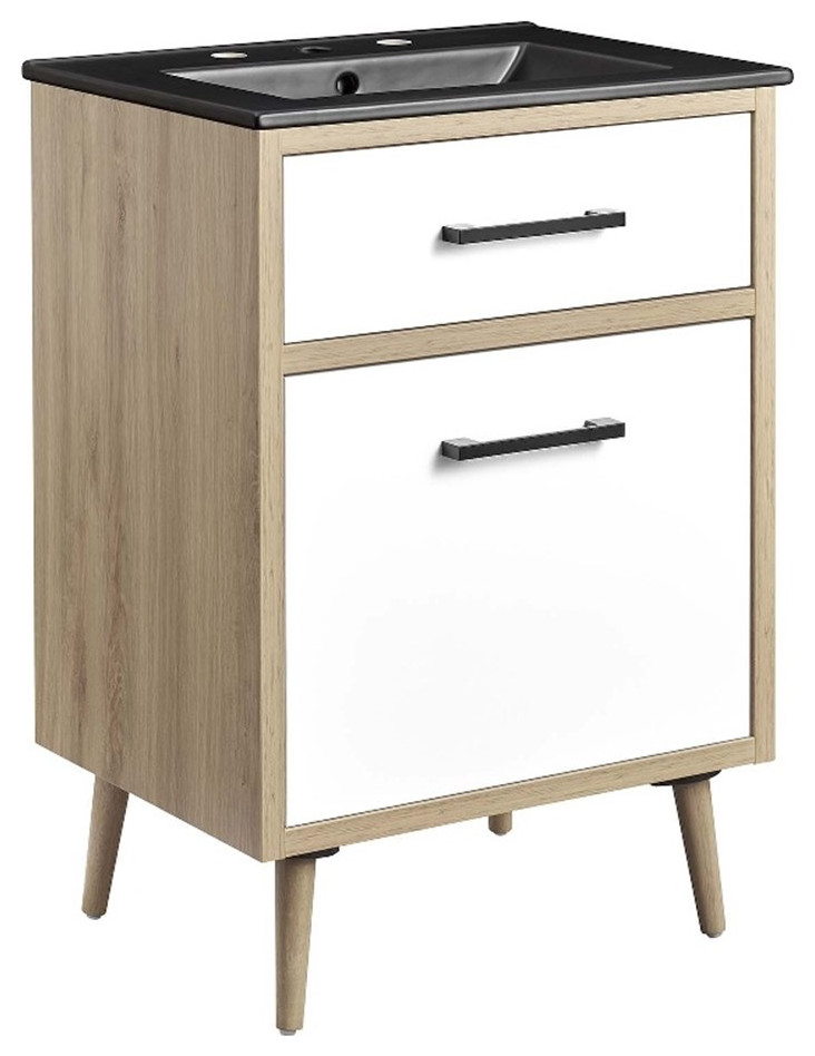 Modway Maverick 24" Wood Bathroom Vanity with Tapered Legs in Black/Oak Midcentury Bathroom