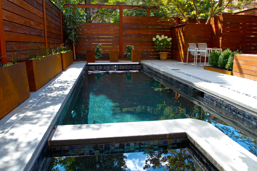 Modern side yard rectangular infinity pool in Toronto with with privacy feature and natural stone pavers.