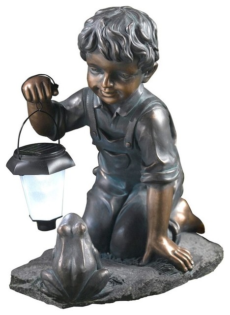 Boy With Solar Light And Frog Statue Traditional Garden Statues Yard Art By Bisonoffice Houzz Boy With Solar Light And Frog Statue, Metal Solar Frog Garden Statue