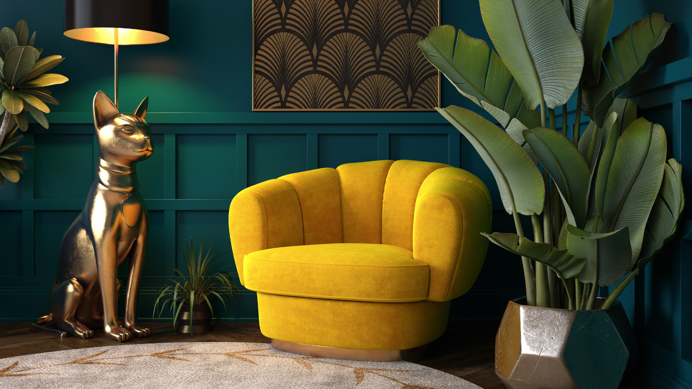 Vibrant Seating Area with Art Deco Accents in Potters Bar