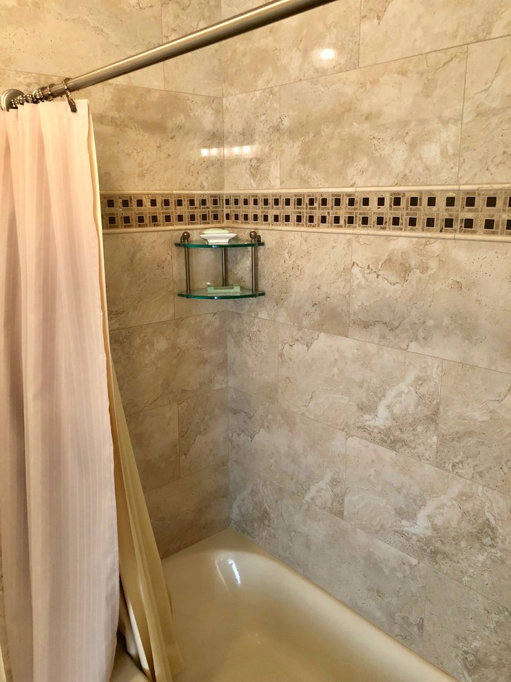 Inspiration for a transitional 3/4 brown tile and porcelain tile alcove bathtub remodel in DC Metro