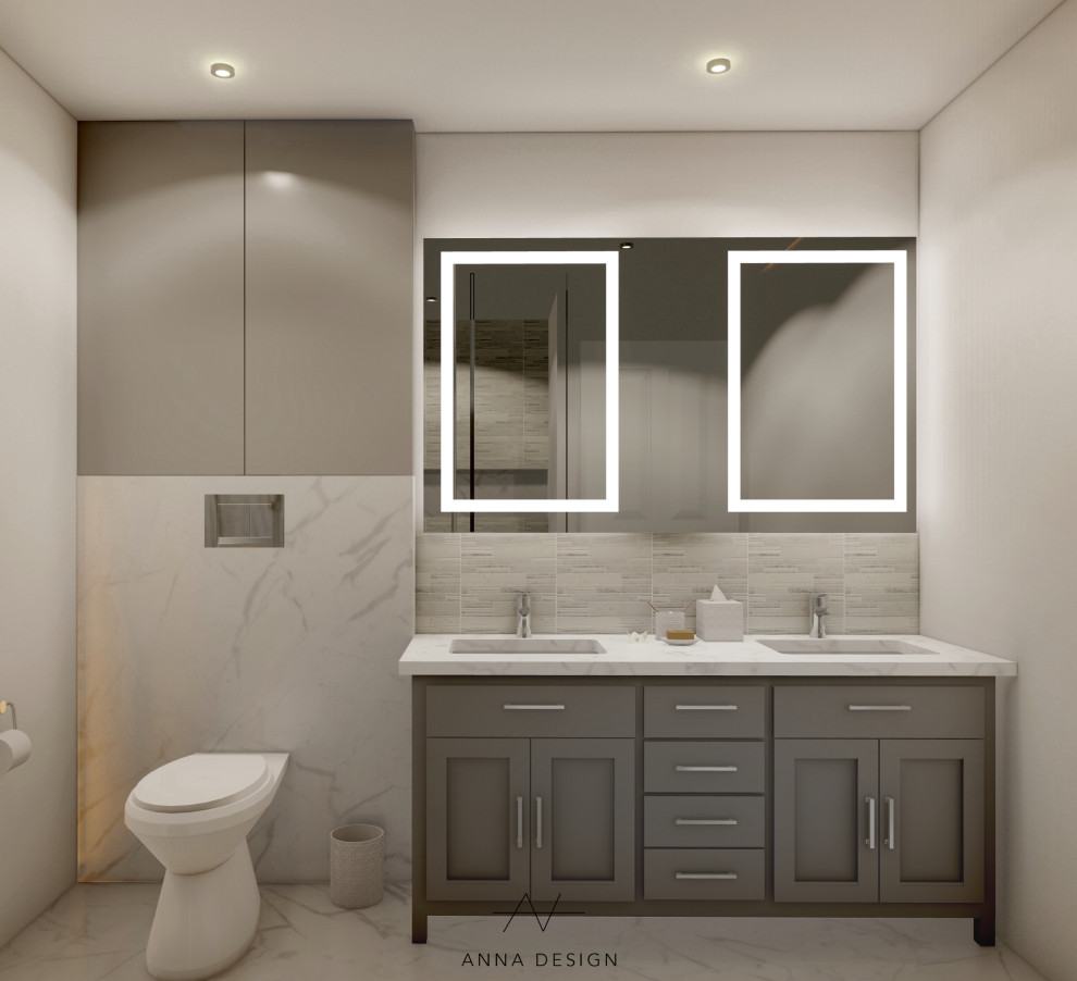 Inspiration for a mid-sized contemporary master bathroom in Orange County with shaker cabinets, grey cabinets, a corner shower, a wall-mount toilet, white tile, porcelain tile, white walls, ceramic floors, an undermount sink, engineered quartz benchtops, white floor, a hinged shower door, white benchtops, a niche, a double vanity and a freestanding vanity.