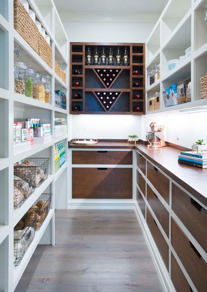 Inspiration for a contemporary gray floor kitchen pantry remodel in Nashville with open cabinets, wood countertops and brown countertops
