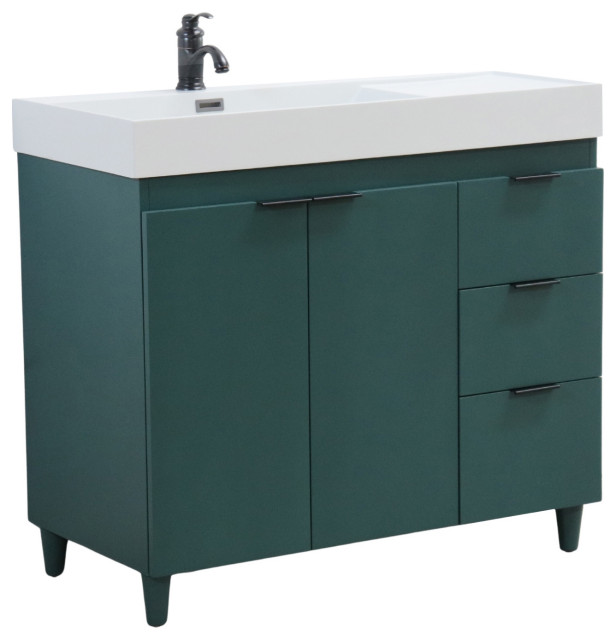 39" Single Sink Vanity, Hunter Green With White Composite Granite Top ...