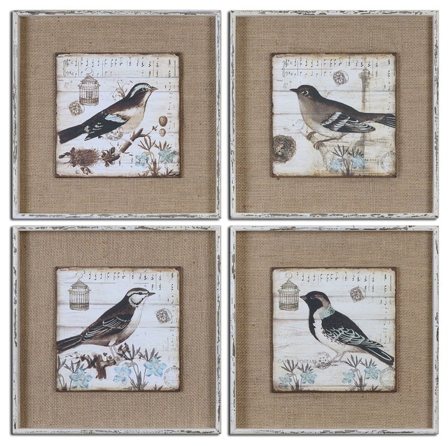 Earthtones Black And White Birds 18"W X 18"H Paintings Set of 4