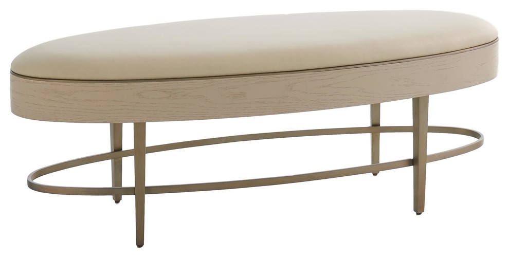Minimalist Modern Oval Ivory Leather Bench Ellipse Bronze Silver