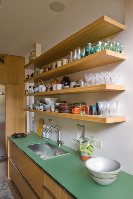 Kitchen With Bamboo Cabinets And Resin Countertops Shabby Chic