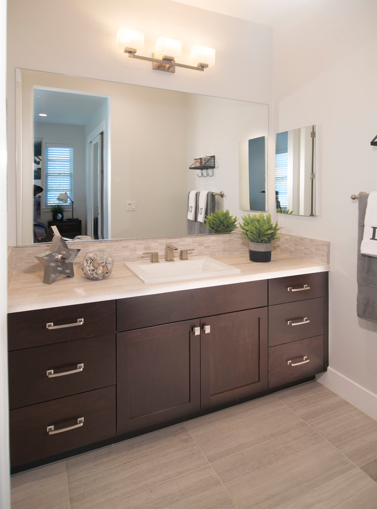 Design ideas for a transitional master bathroom in San Francisco with shaker cabinets and dark wood cabinets.