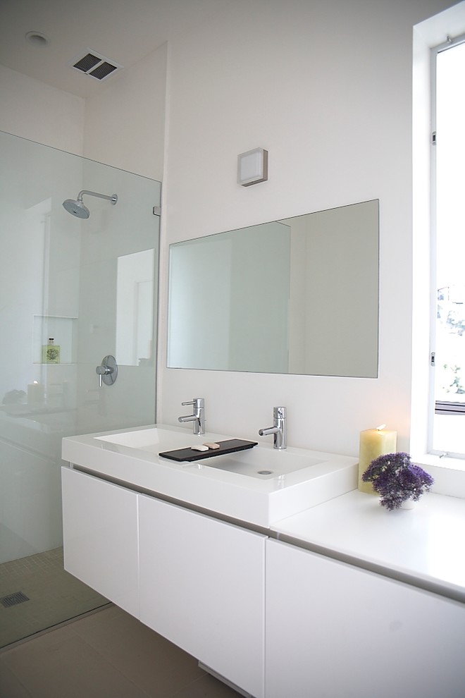 Design ideas for a contemporary bathroom in San Francisco with an integrated sink.