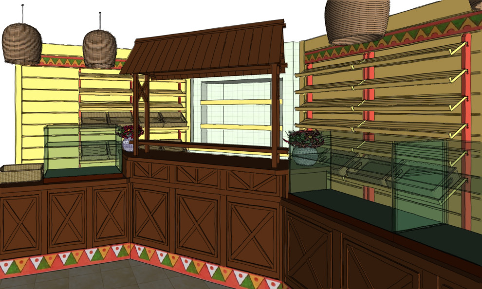 Эскиз торгового зала мини-пекарни в лубочном стиле.