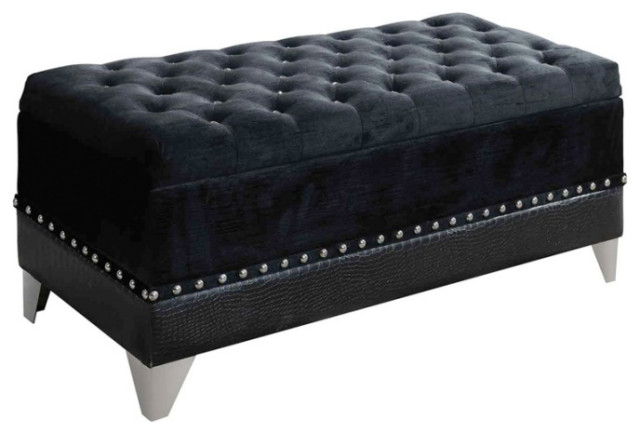 Leatherette Storage Bench with Nailhead Trims and Button Tufted Seat, Black