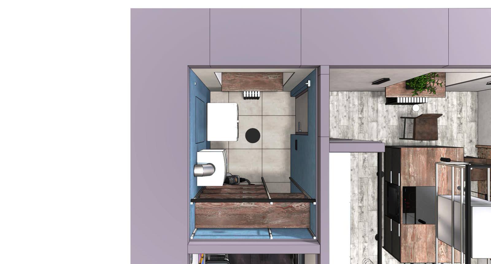 Квартира в Москве в стиле лофт, кухня, холл, санузел, кладовая. 2020 г.