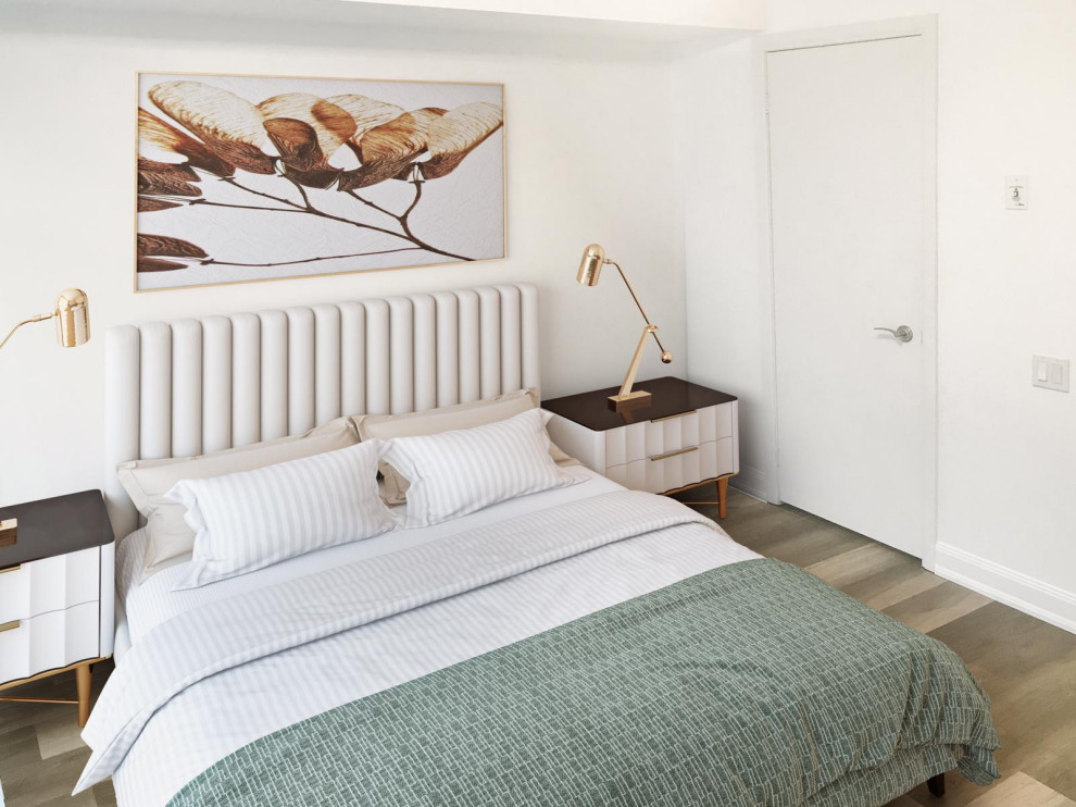 Exemple d'une petite chambre parentale moderne avec un mur blanc, un sol en vinyl, aucune cheminée et un sol marron.